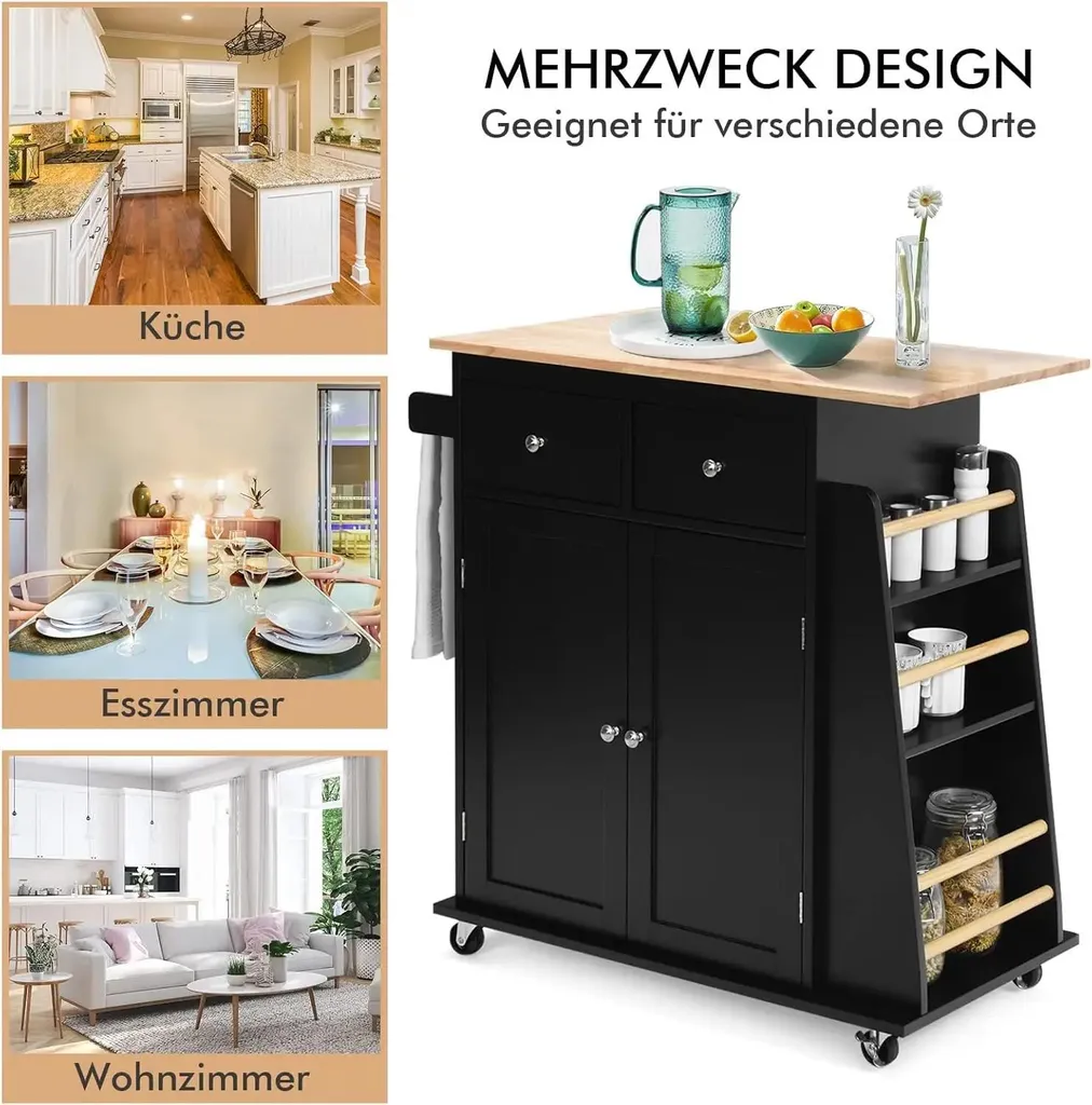 Desserte de cuisine mobile noire avec étagère réglable et freins - 2