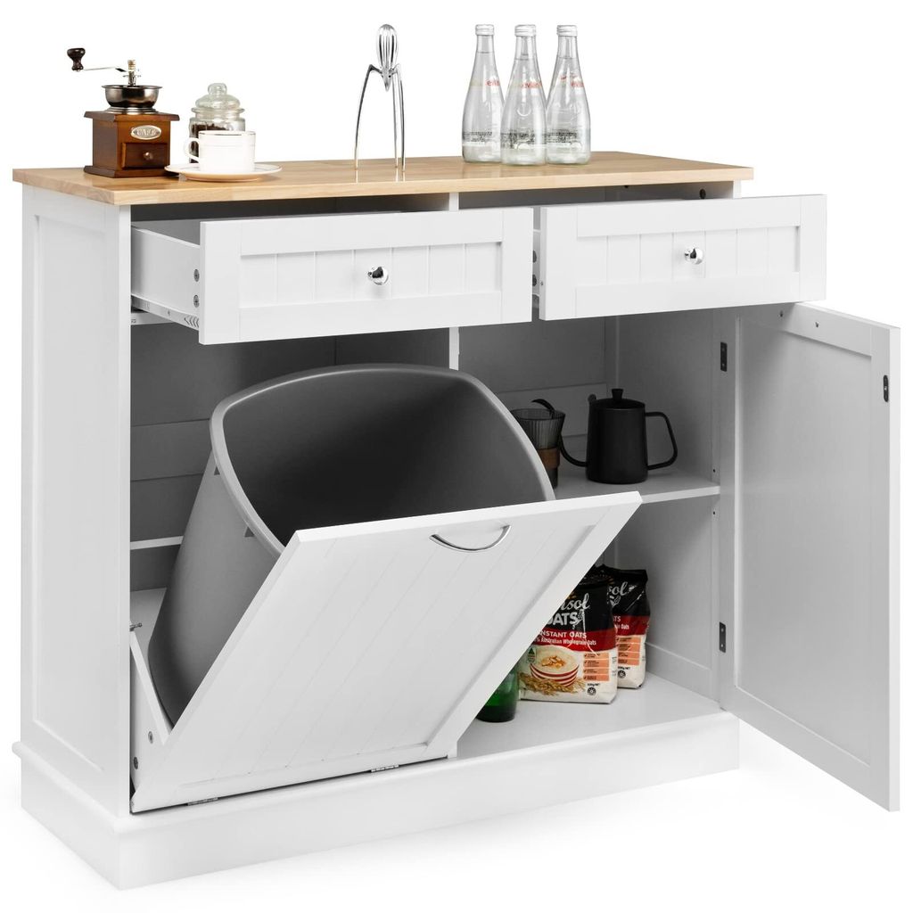 Küchenschrank mit Mülleimerhalter 42L & Schrank mit Tür, Kommode mit verstellbarem Regal & 2 Schubladen, Sideboard für Wohnzimmer, Küche (Weiß)
