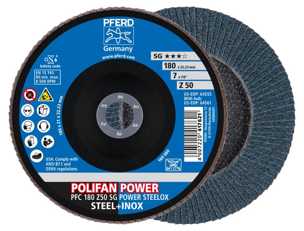PFERD POLIFAN flap discs zirconia alumina Z SG POWER STEELOX, 18 cm, 10 Stück(e)