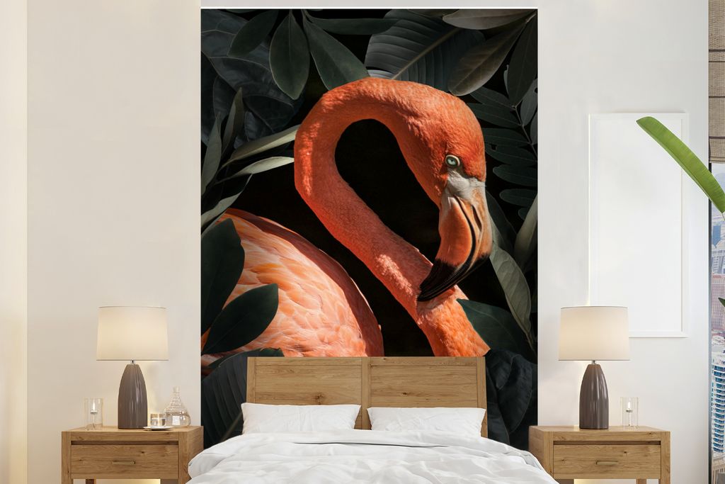 MuchoWow Fototapete für Wohnzimmer oder Schlafzimmer Wandtapete Vinyl Motivtapete Flamingo - Porträt - Blätter - 200x300 cm - Wanddekorationen