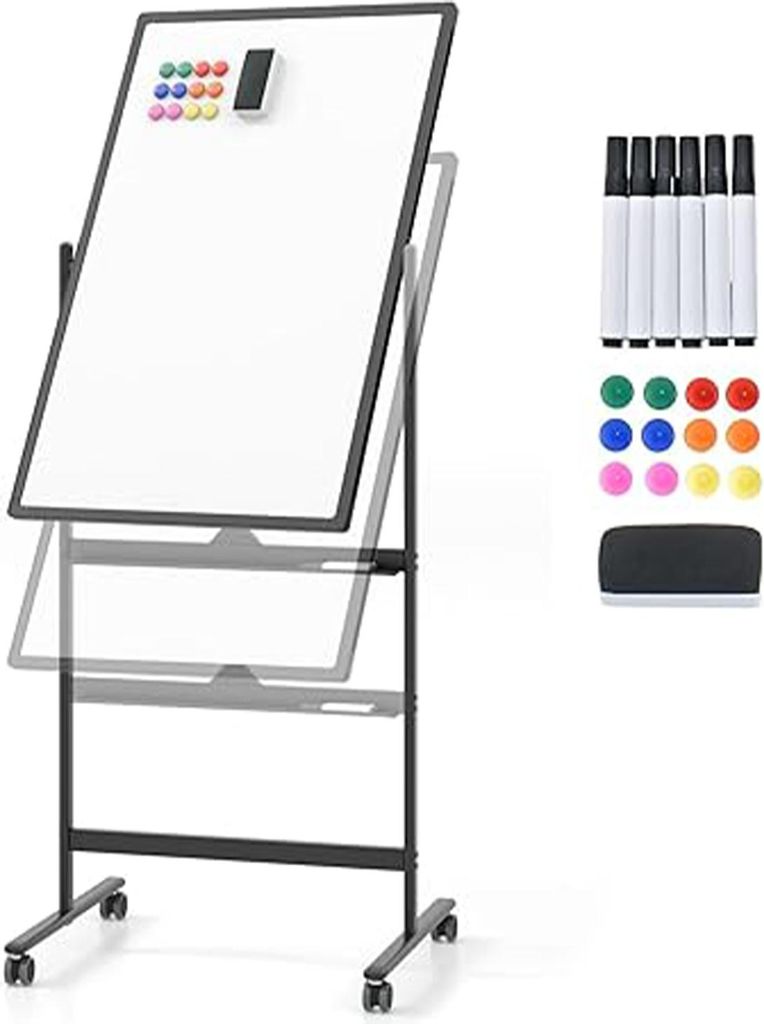 Doppelseitiges mobiles Whiteboard, 60 x 90 cm, magnetisches Whiteboard höhenverstellbar mit Rollen & Ständer, mit Stiftablage, inkl. Zubehör