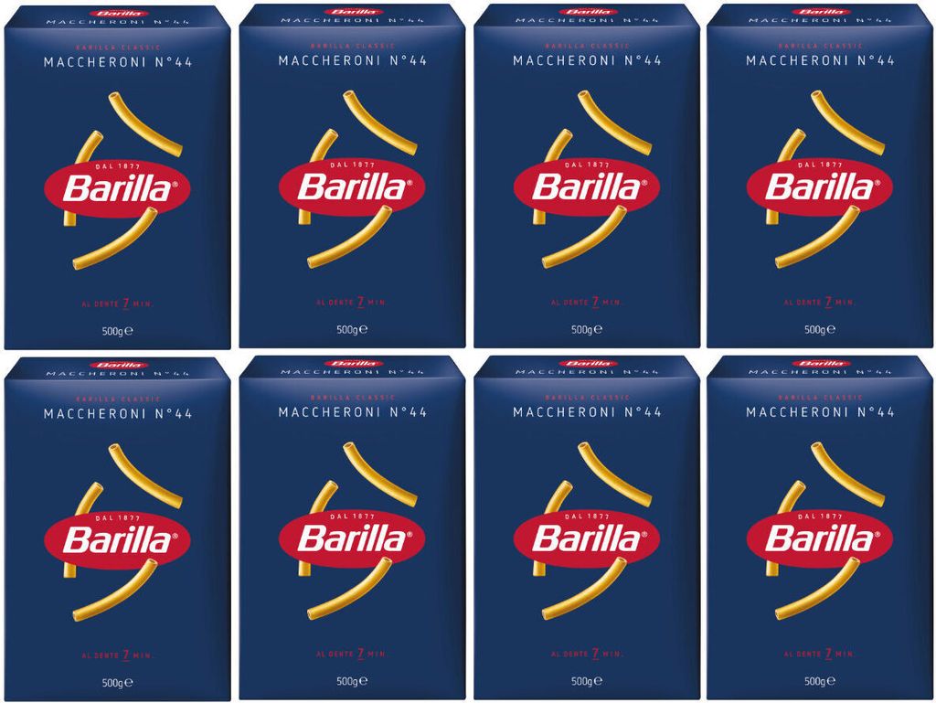 Eight boxes of Barilla Maccheroni Nr 44 pasta are arranged in a two-by-four grid.