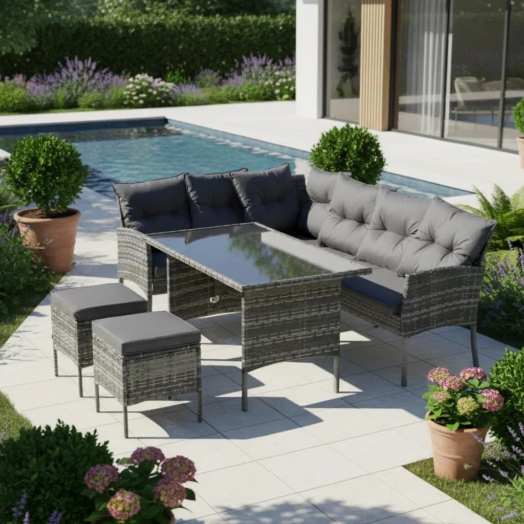 Mobilier de jardin 7 personnes salon en résine tressée avec coussins