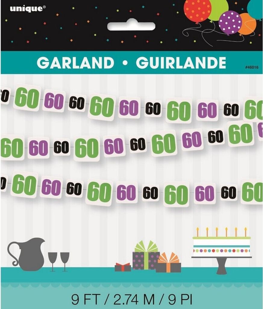 Unique Party - Girlande "Cheer", Papier, 60. Geburtstag SG24652 (Einheitsgröße) (Grün/Schwarz/Violett)