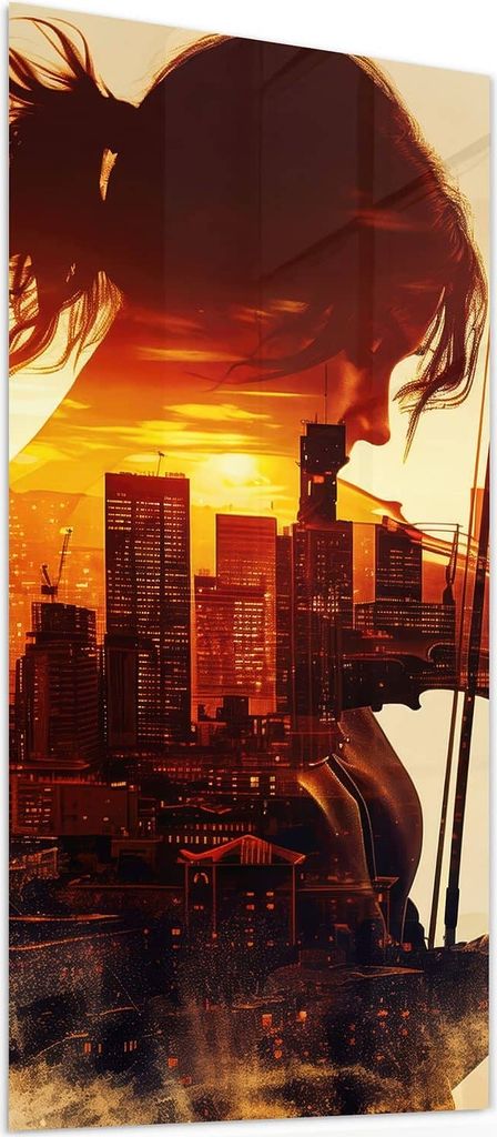 Glasbild 40x80cm in XXL für Wohnzimmer, Schlafzimmer Motiv Geige vor Skyline