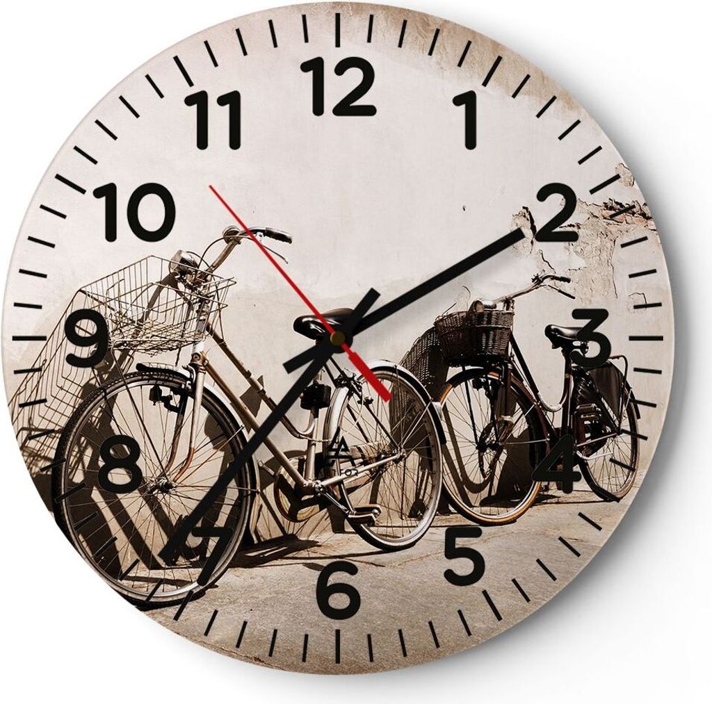Wanduhr - Rund - Glasuhr - Fahrrad Ziegel Stadt Italien - 30x30cm - Schleichendes Uhrwerk - Lautlos - zum Aufhängen bereit - Dekoration Modern - W...