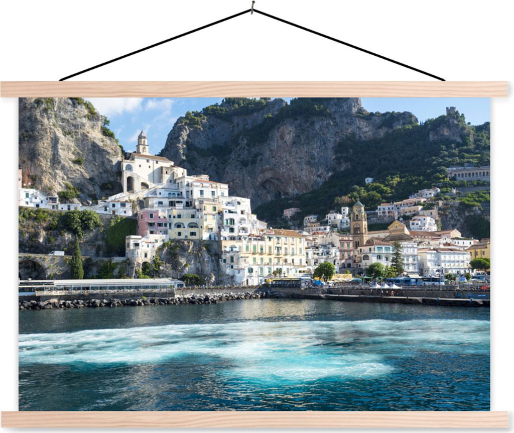 MuchoWow Textilposter Positano an der Amalfiküste 120x80 cm mit holzfarbenen Rahmen - Aufhängeset