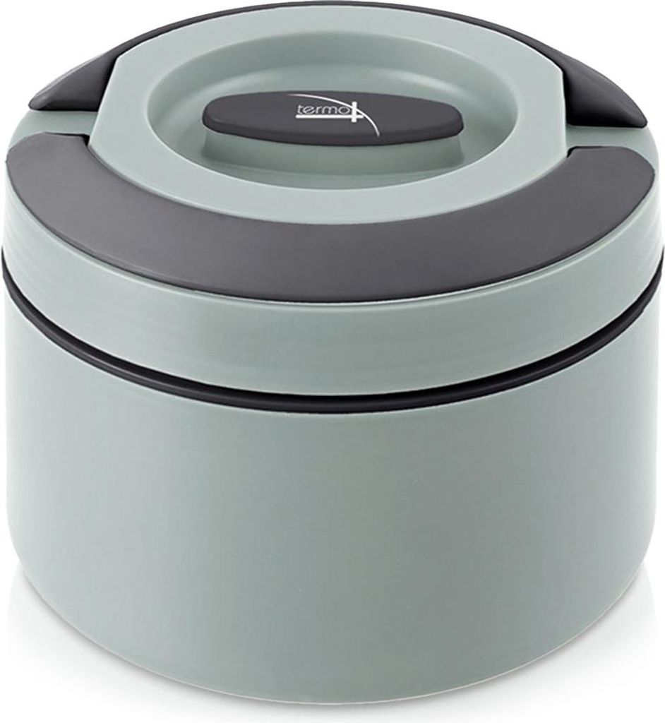 A studio shot of a gray thermos lunch container.