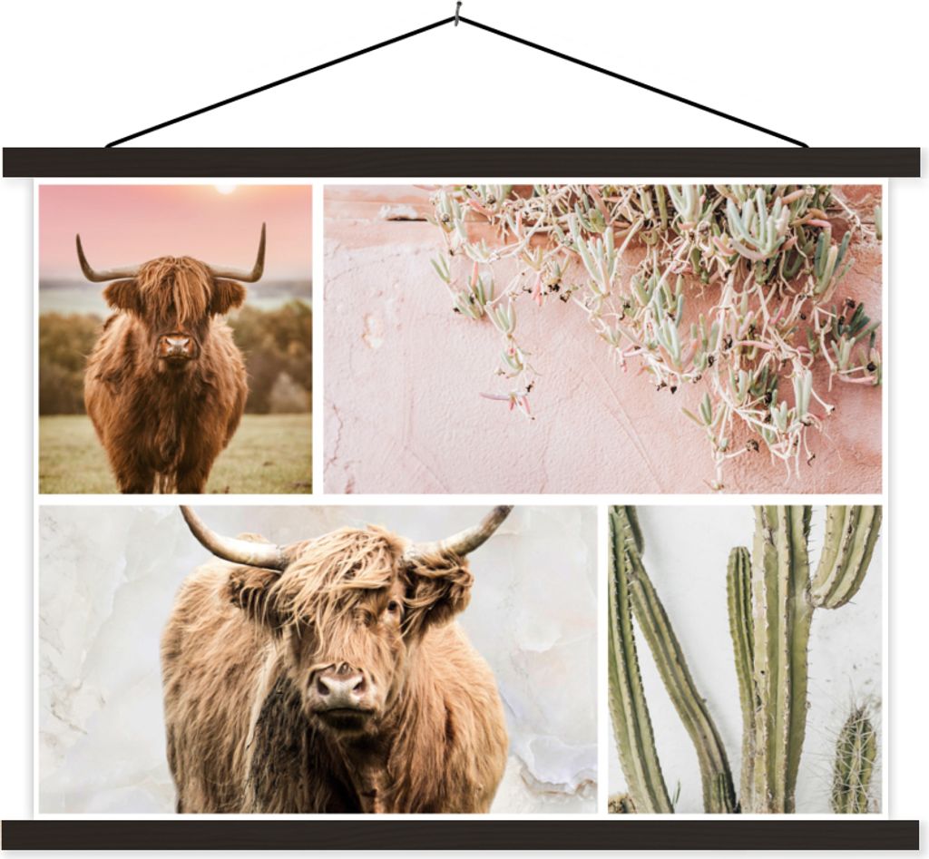 MuchoWow Textilposter Schottisches Hochlandrind - Tiere - Pastell 120x90 cm mit schwarzem Rahmen - Aufhänger für Poster