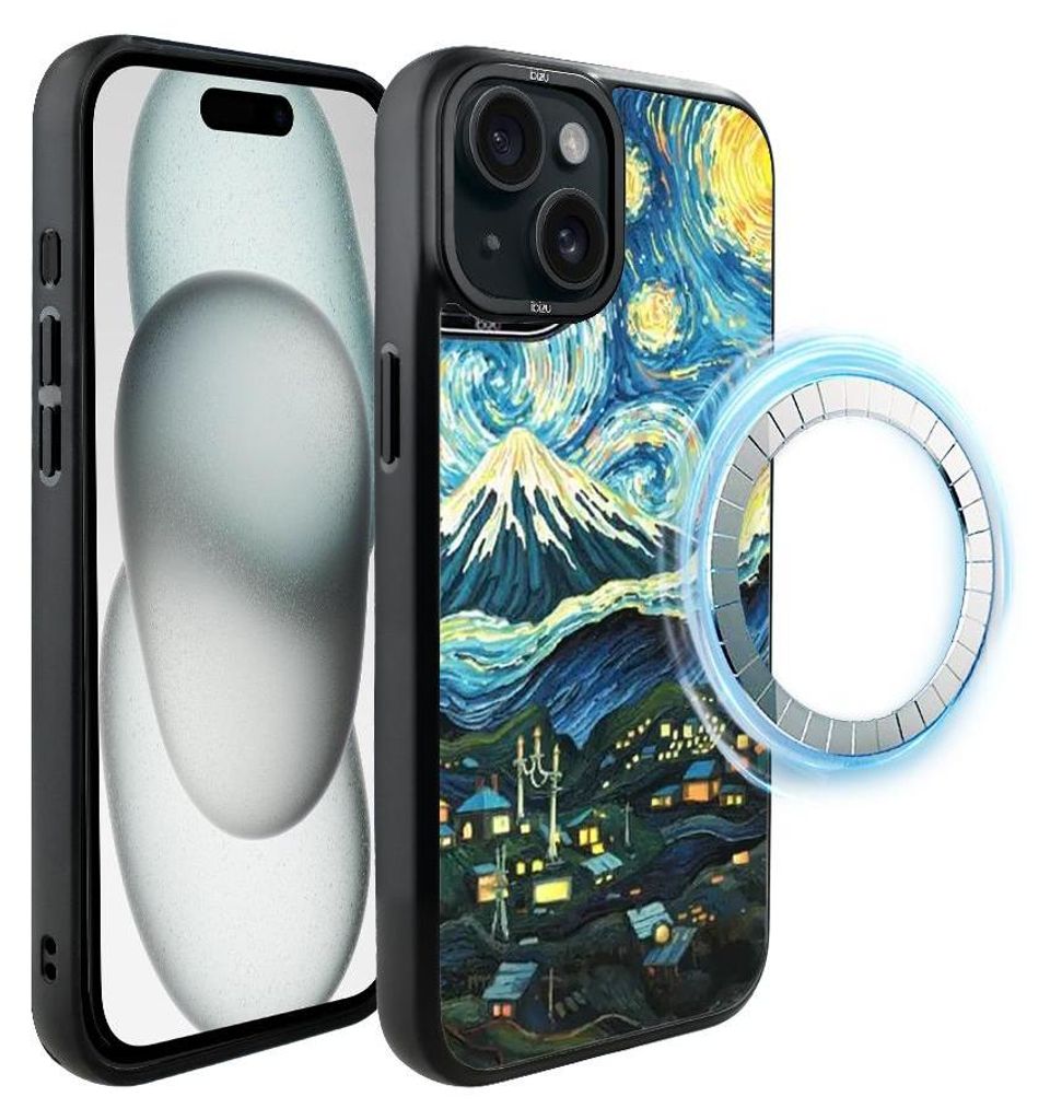 Schutzhülle für das iPhone 15 Plus, MagSafe-kompatibel, mattschwarze Seiten, Eine sternenklare Nacht, Motiv aus einem Gemälde von Van Gogh