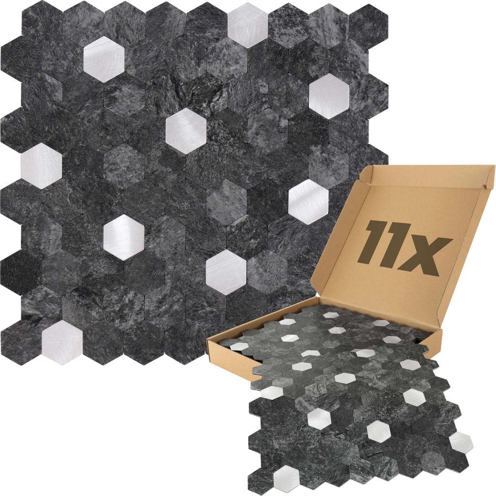 Dalsys Wandpaneele selbstklebend, Hexagon Muster 0,88m², 11 Stück Anthrazit Silber Wandverkleidung feuchtigskeitsbeständig, für Bad und Küche