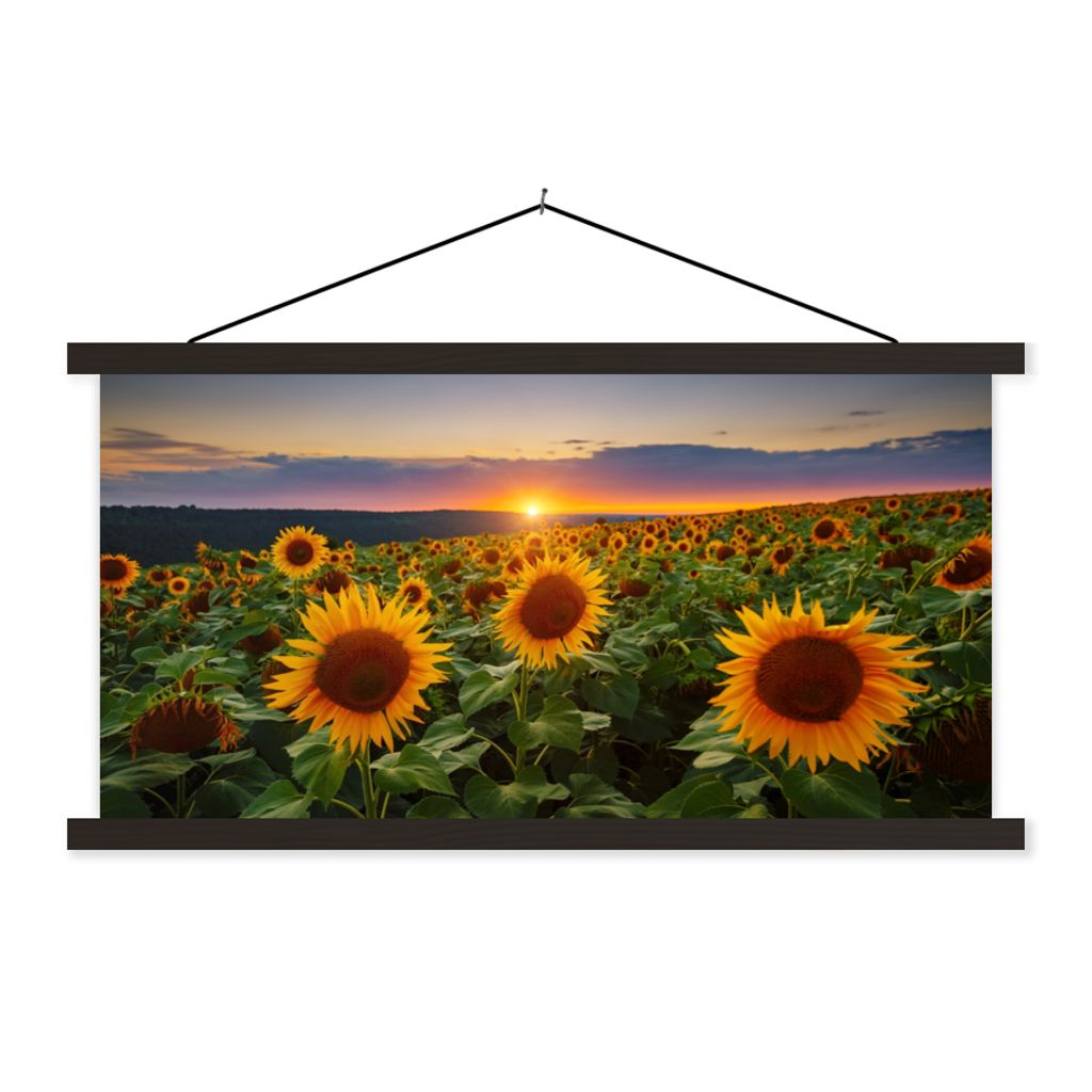 MuchoWow Textilposter Blumen - Nacht - Sonnenuntergang - Sonnenblume - Horizont 150x75 cm mit schwarzem Rahmen - Posterleiste