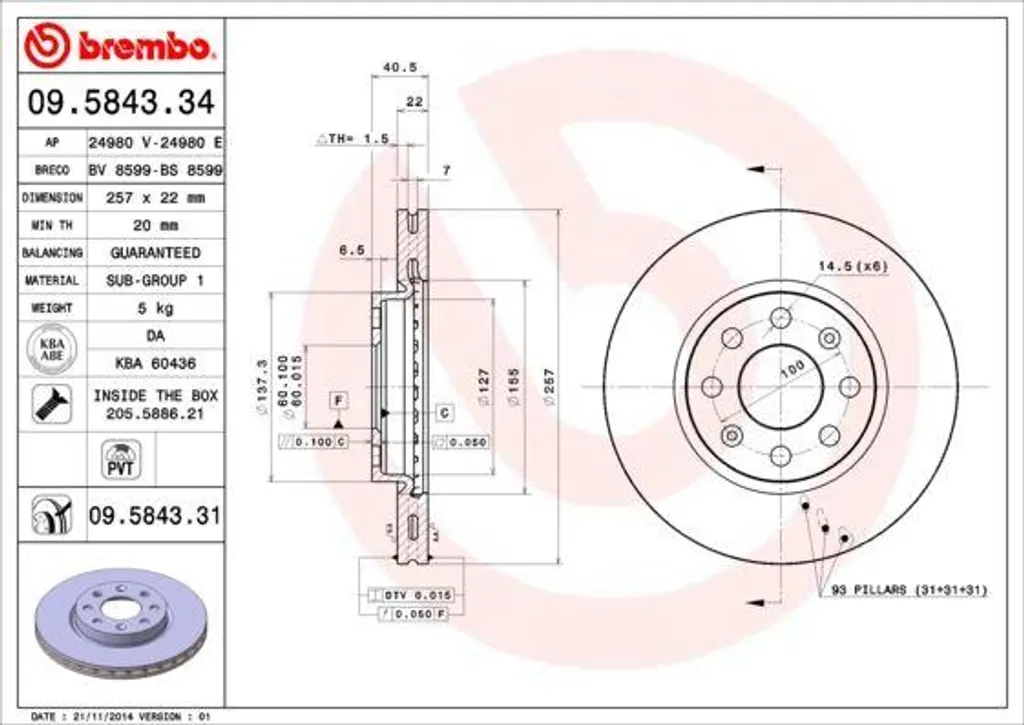 Disque Brembo 09.5843.31 : Stop aux Vibrations de Freinage sur Corsa et Punto