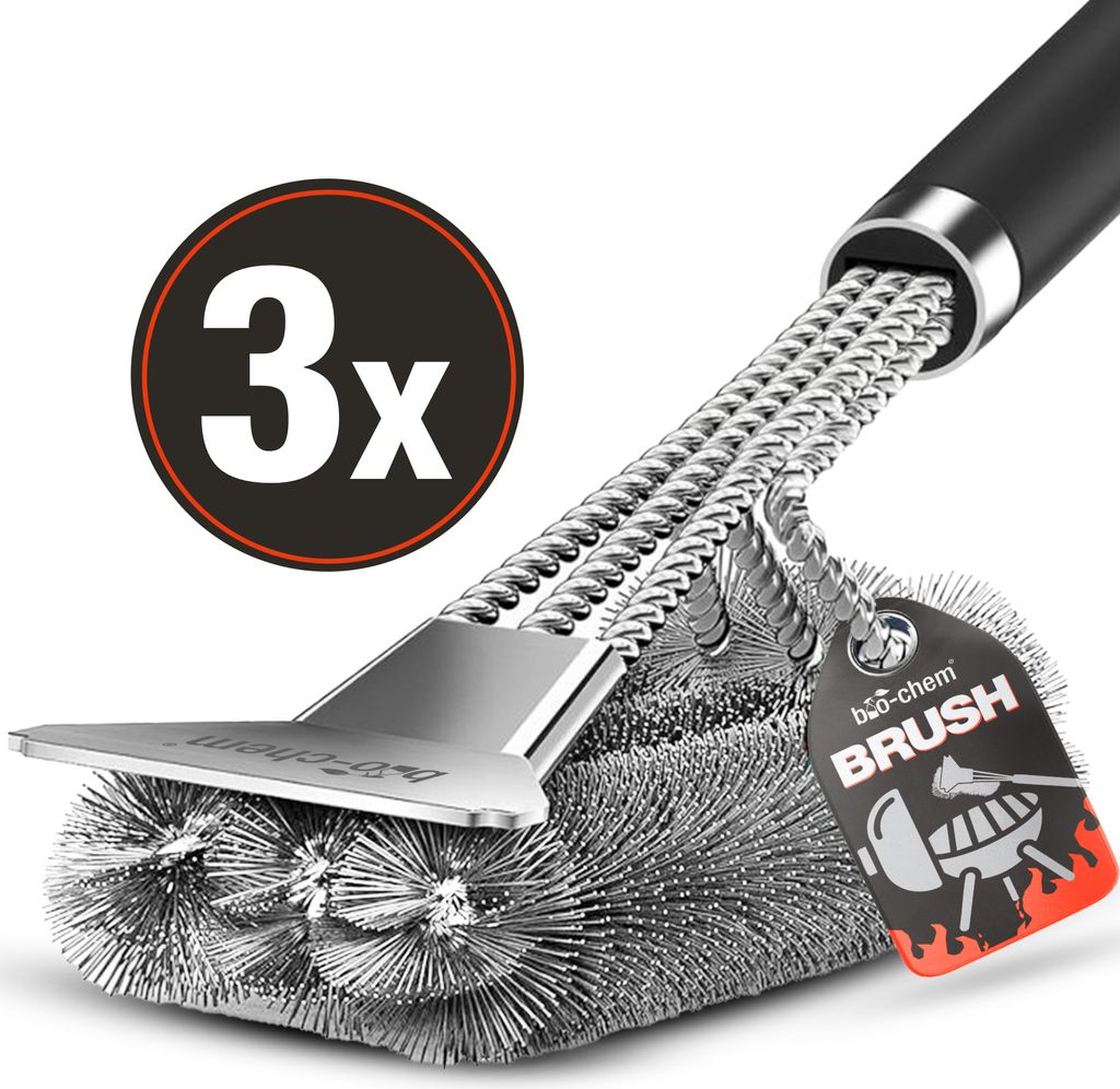 bio-chem 3X Grillbürste - Robust & Ergonomisch - Extra Langer Griff mit Wärmedämmung - 3-Fach Drahtbürste mit Edelstahl-Borsten und Schaber - f...