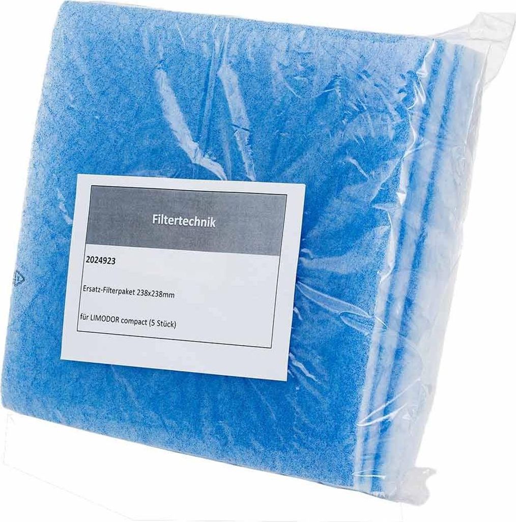 A package of blue filters on a white background.
