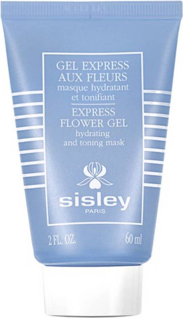 A light blue tube of Sisley Express Flower Gel hydrating and toning mask with white text and a floral logo.