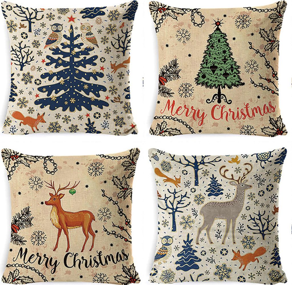 Weihnachts-Kissenbezüge 4er-Pack – 45x45 Cm, Aus Baumwolle-Leinen, Wasserabweisend, Mit Reißverschluss, Perfekt Für Sofa & Als Festtagsdeko
