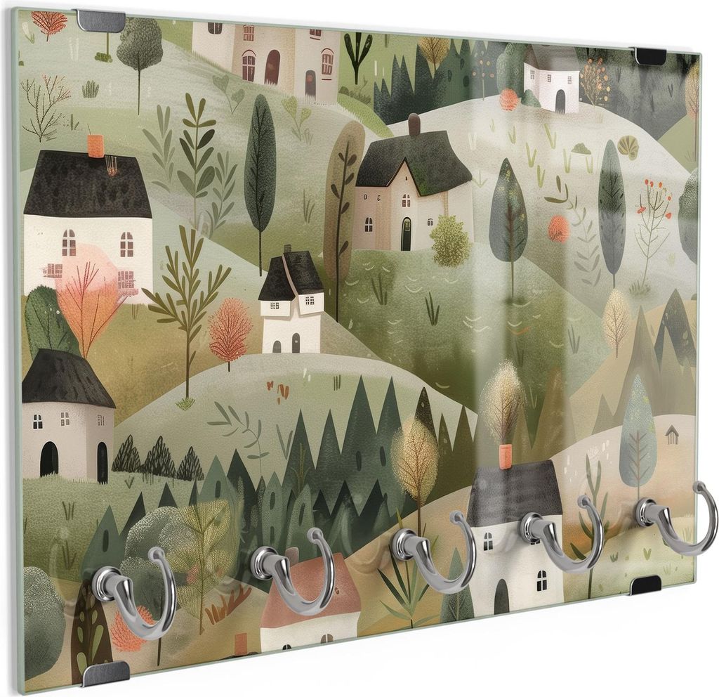 DEQORI Schlüsselbrett Glas 30x20 cm 'Dorfidylle im Herbstlicht' Schlüssel Halter Haken