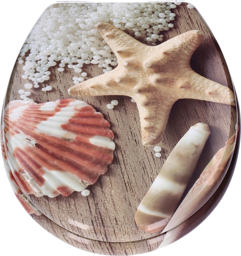 A toilet seat lid with a beach-themed design featuring a starfish, seashells, and small white beads on a wooden background.