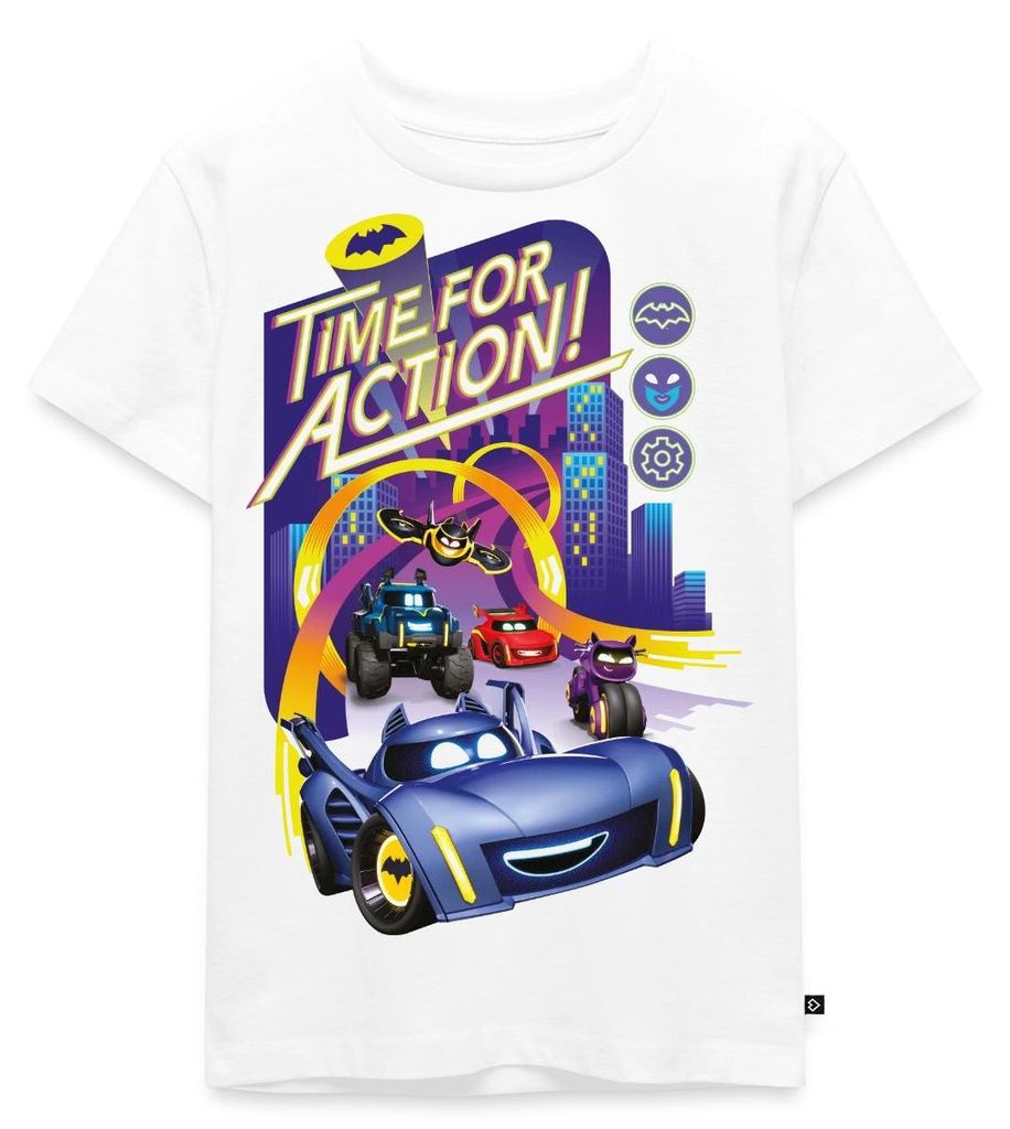 Spreadshirt Batwheels Cooler Spruch Time For Action Kinder Premium T-Shirt, 122/128 (6 Jahre), Weiß