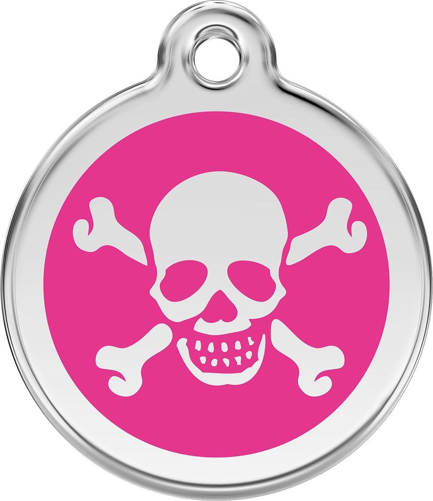RedDingo Hundemarke mit individueller Gravur Totenkopf mit gekreuzten Knochen hot pink