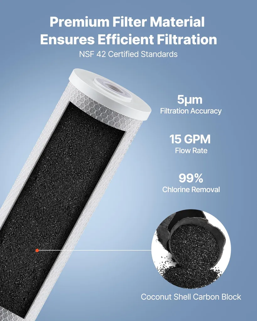 Cartuccia di ricambio VEVOR per il filtro dell'acqua per tutta la casa, 115 x 507 mm blocco di carbone CTO, filtro di ricambio per il sistema di filtraggio dell'acqua a 3 stadi, riduce il cloro, il sapore e l'odore cattivo - 3