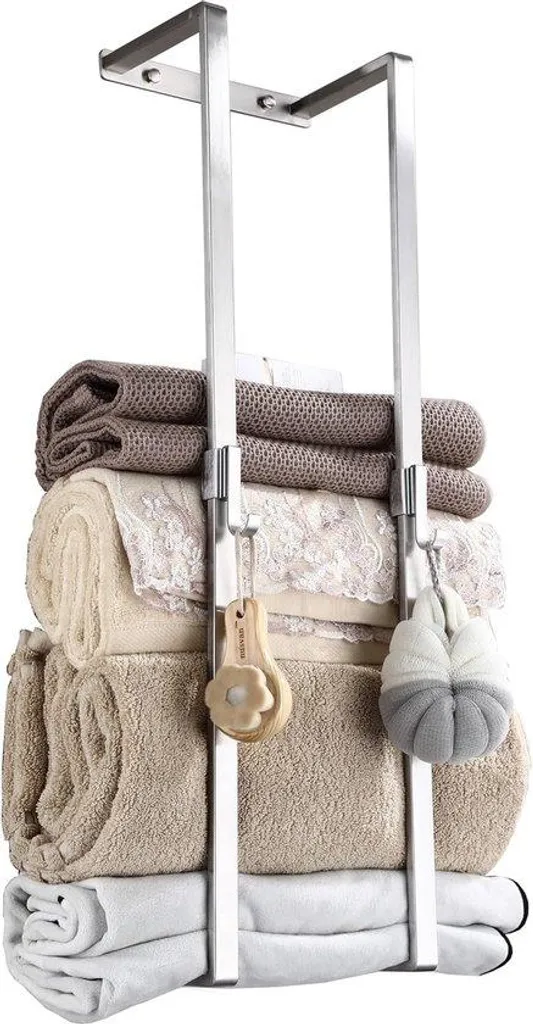 Barre porte-serviettes murale argentée et ses crochets de rangement
