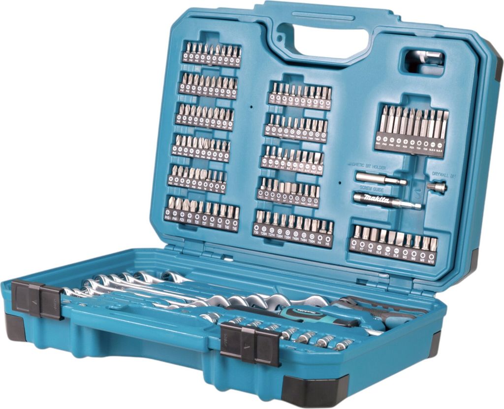 A tool kit with various bits and drills inside an open turquoise case.