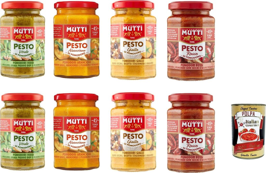 Mutti Tomaten Pesto Mix 8 x 180 g Verde Arancione Giallo Rosso italienische Pastasauce fürs Verfeinern von Pasta & Bruschetta + Italian Gourmet polpa