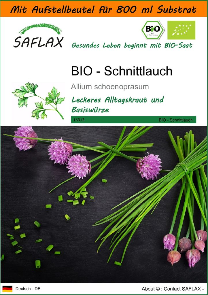 SAFLAX - Garden in the Bag - BIO - Schnittlauch - 250 Samen - Mit Anzuchtsubstrat im praktischen, selbst aufstellenden Beutel - Allium schoenoprasum