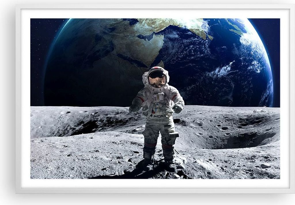 Gerahmtes Poster - Weißer Rahmen - Astronaut Mond Erde Raum - 91,5x61 cm - Wand Bild - Wanddeko - Wandbilder - Kunstposter - Wandposter - Bilderra...