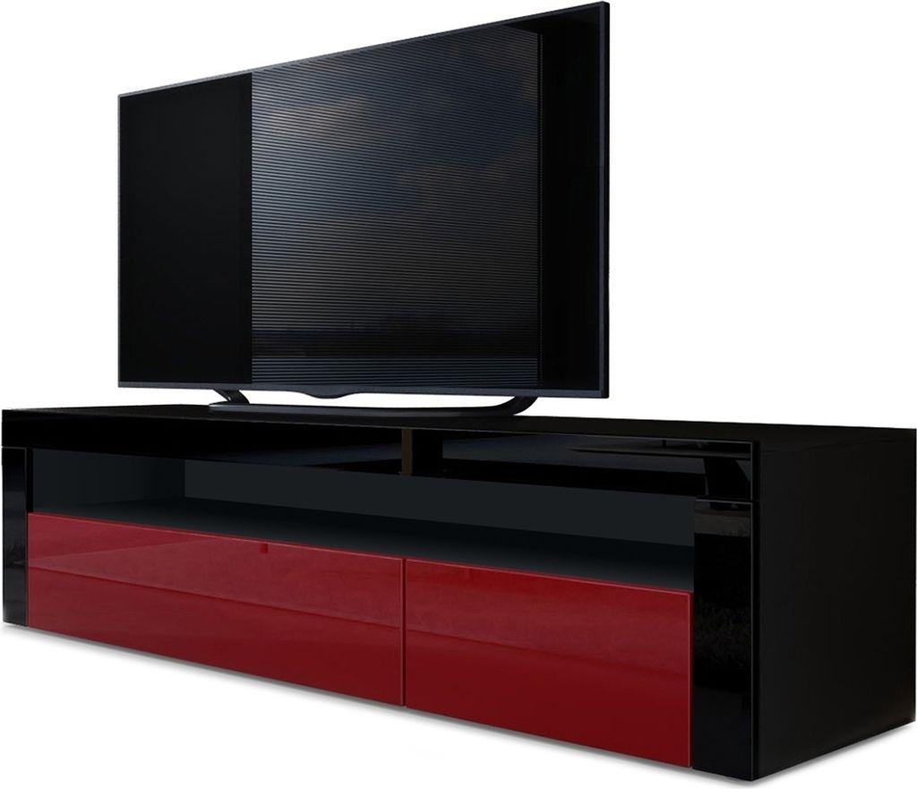 Vladon Lowboard Valencia, Germany, TV-Kommode mit 1 offenem Fach und 2 Klappen, Schwarz matt/Bordeaux Hochglanz/Schwarz Hochglanz (155 x 46 x 40 cm)