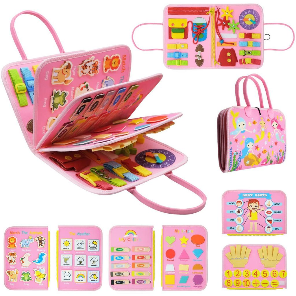 Lernspielzeug Filz Busy Board für Kinder, Motorikbrett, multifunktional, Reise-Spielzeug, Rosa Meerjungfrau