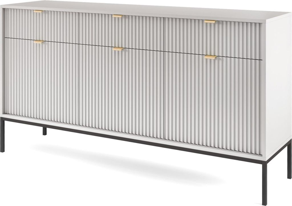 Komodee, Kommode NANAIMO KSZ154 - Grau - Goldene Griffe - 3 Schubladen - Breite 154 cm, Höhe 83 cm, Tiefe 39 cm