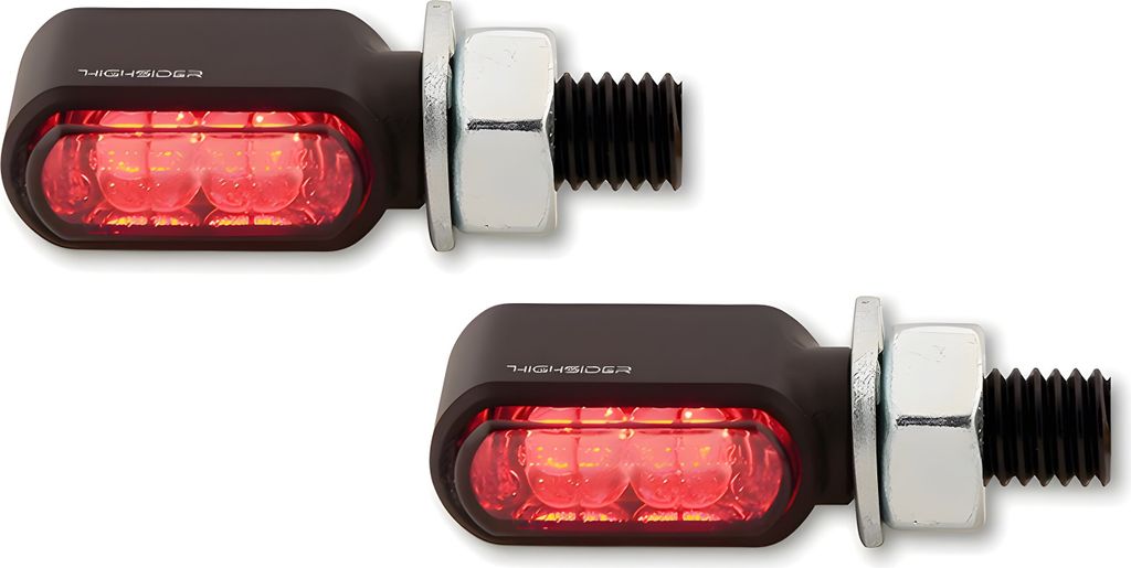 Two black LED motorcycle turn signals with red lights and silver mounting hardware, shown against a white background.