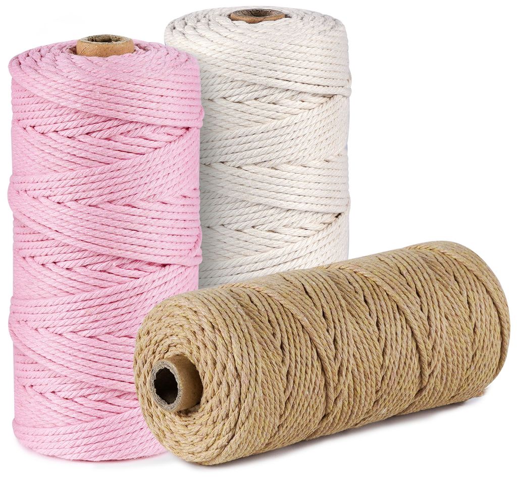 3 Rollen 3mm Baumwollseil im 3er-Set - 3 x 100m Baumwollgarn für DIY-Wandbehänge, Traumfänger und Hängekörbe - Rosa, Beige, Gelb