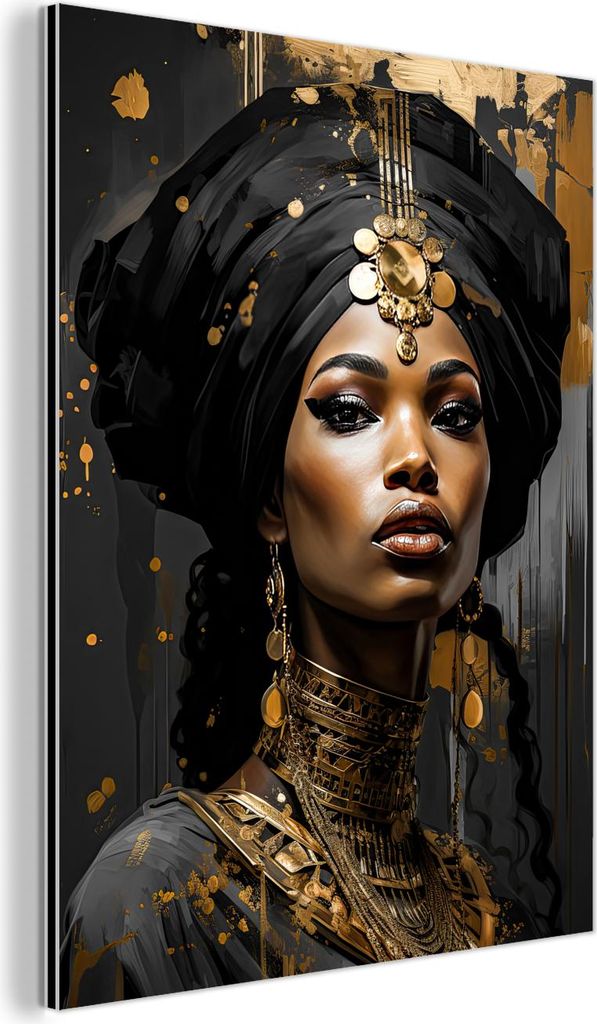 MuchoWow Wanddekoration Metall Metallbild Wandkunst 60x80 cm Frau - Gold - Schwarz - Luxus - Porträt MuchoWow Aluminium Gemälde - Wanddekoration ...