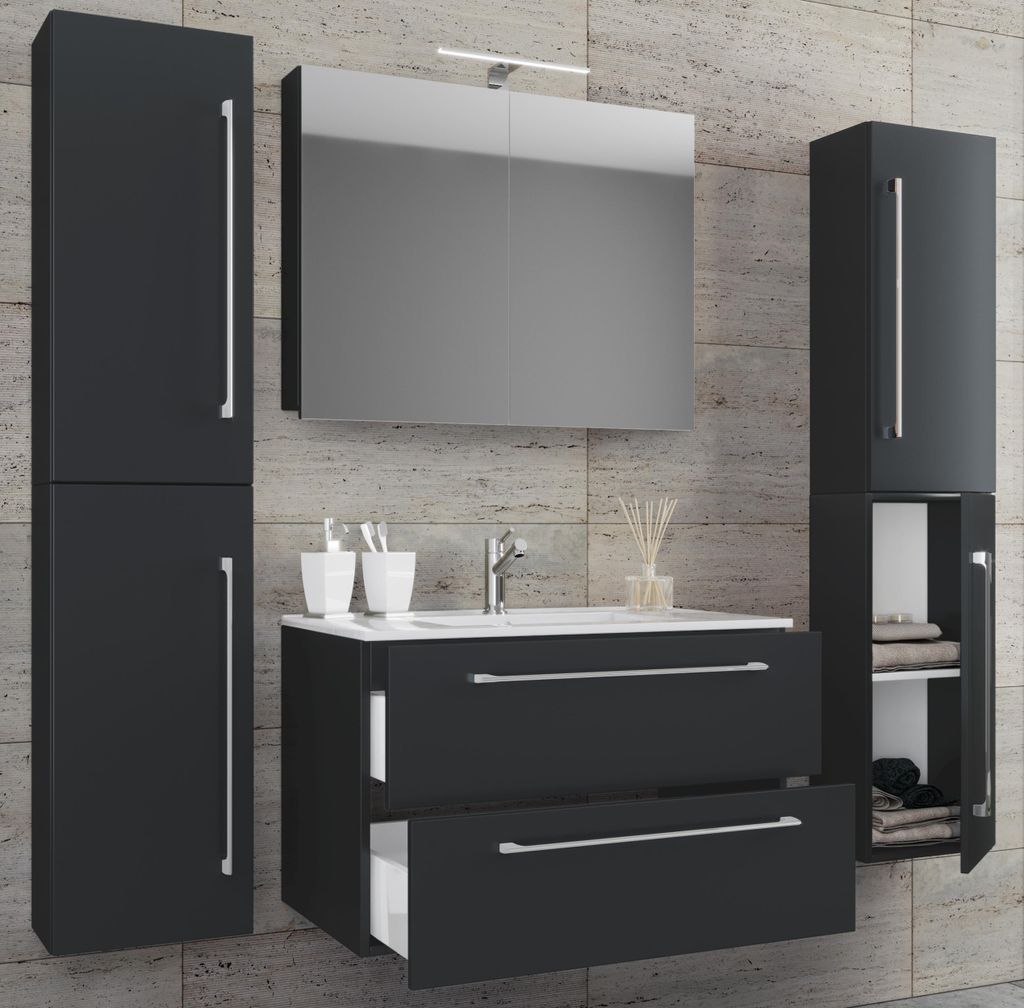VCM 5-tlg. Waschplatz Waschtisch | Waschbecken Unterschrank Breite 80 cm | Badmöbel Set mit Schubladen Drehtüren Spiegelschrank | Badinos