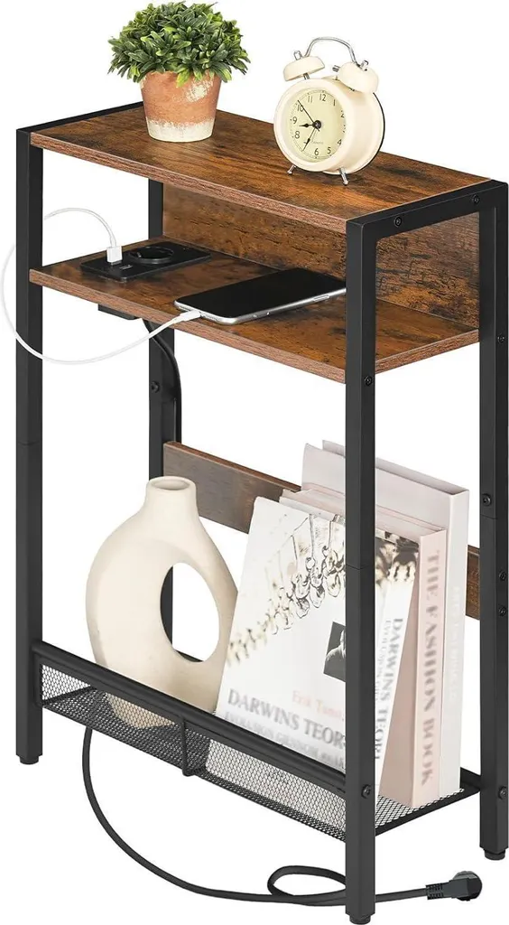 Table d'appoint connectée en bois et métal noir pour salon et chambre