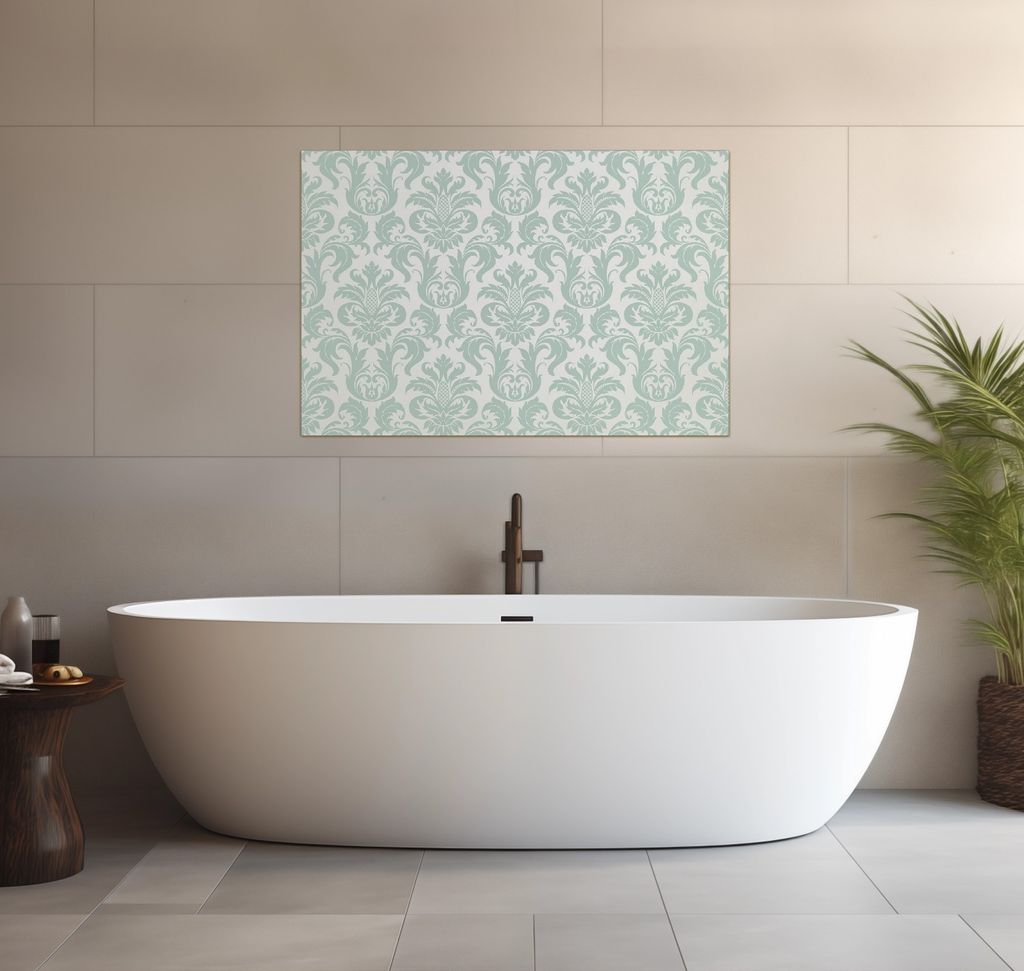 Wallario wasserfestes Poster selbstklebend 91,50 x 61 cm, Königliche Schnörkelei in weiß und grün, Badezimmerposter Spritzschutz mit Hochglanzo...