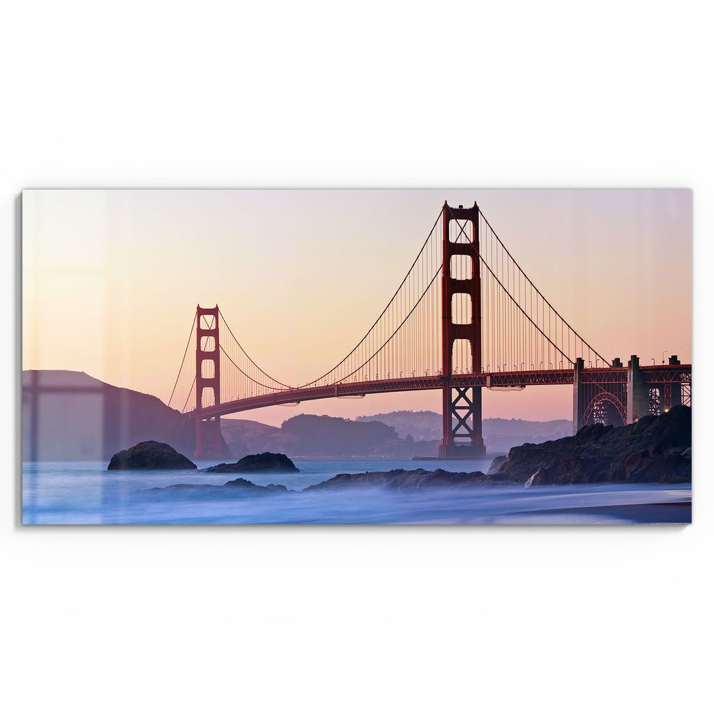 DEQORI Glasbild Echtglas 60x30 cm 'Morgenrot Brücke' Wandbild Bild modern Deko