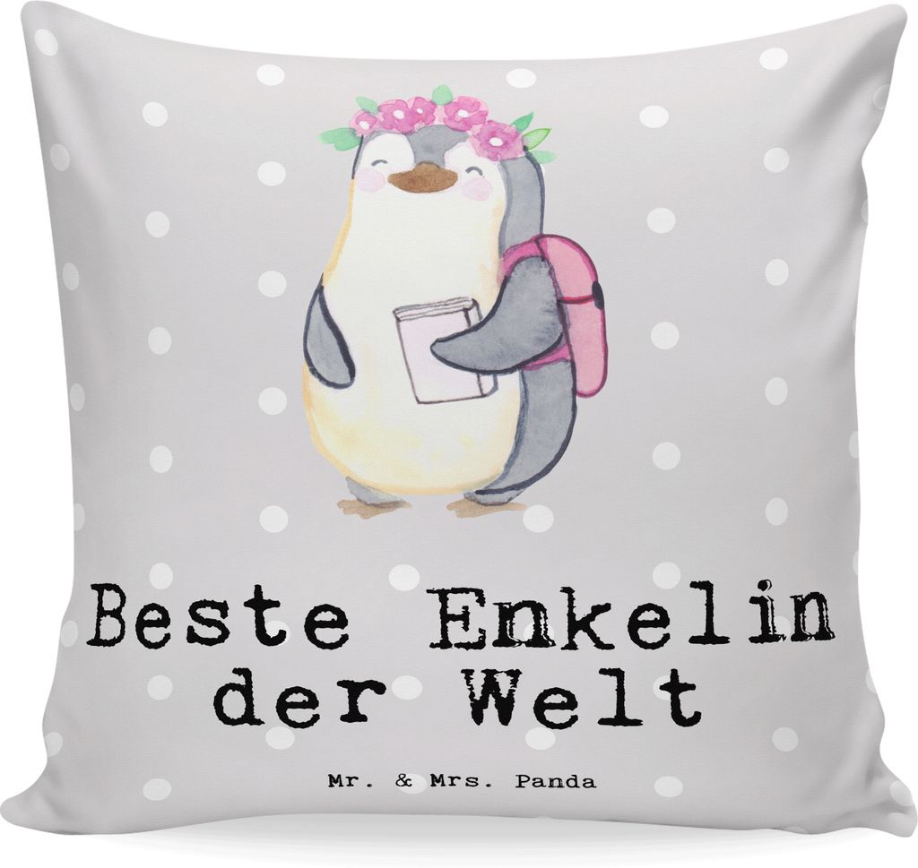 Mr. & Mrs. Panda Kissen 40x40 Pinguin Beste Enkelin der Welt - Grau Pastell - Geschenk, Dekokissen Sofa, Motivkissen, Opa, kuschelkissen, Sofakisse...