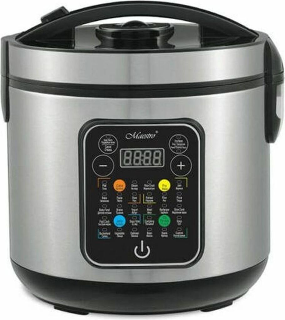 A front view of a silver and black multi-cooker with a digital display and control panel.