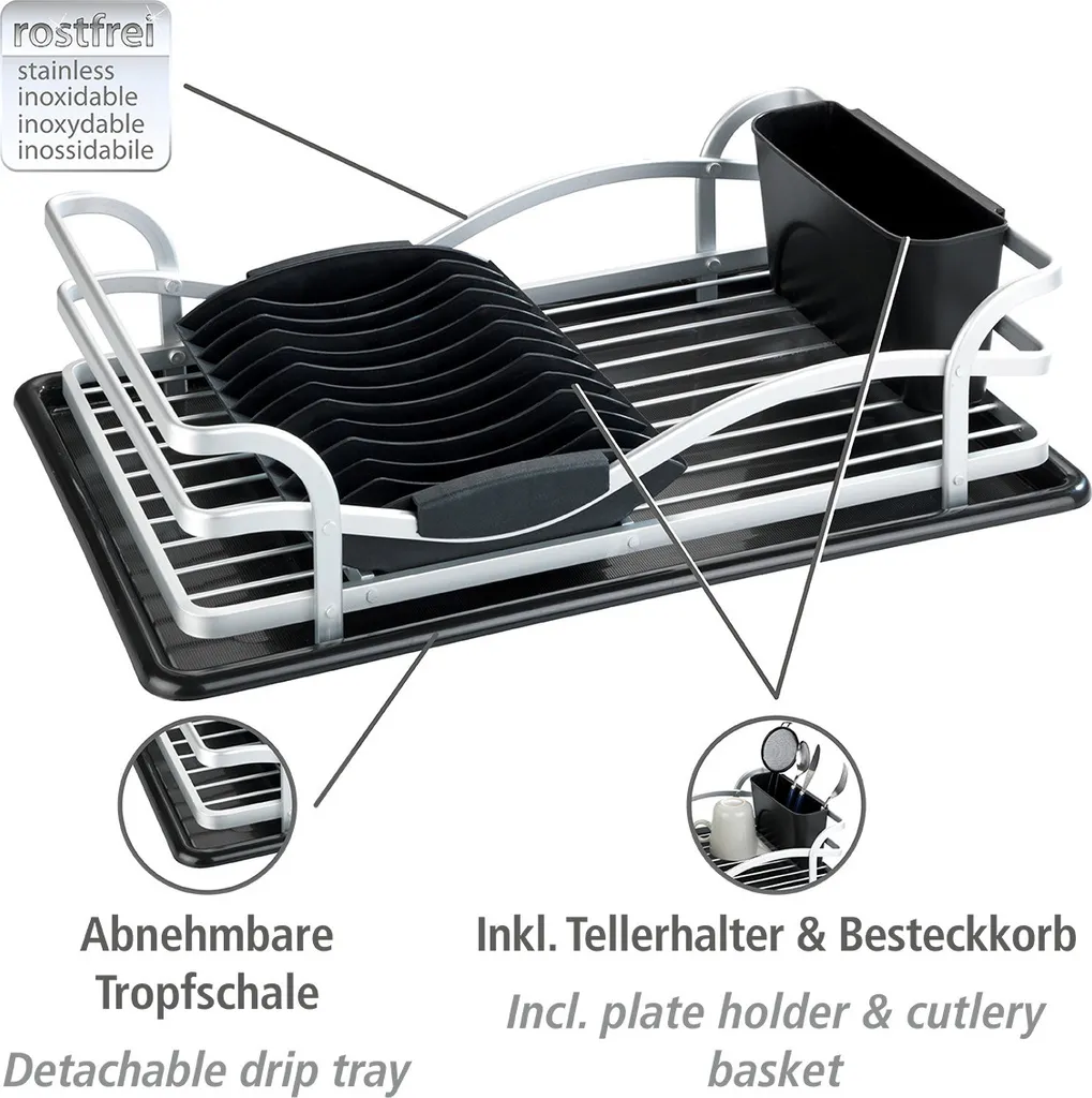 Egouttoir Wenko en aluminium inoxydable noir et argenté pour évier 45cm