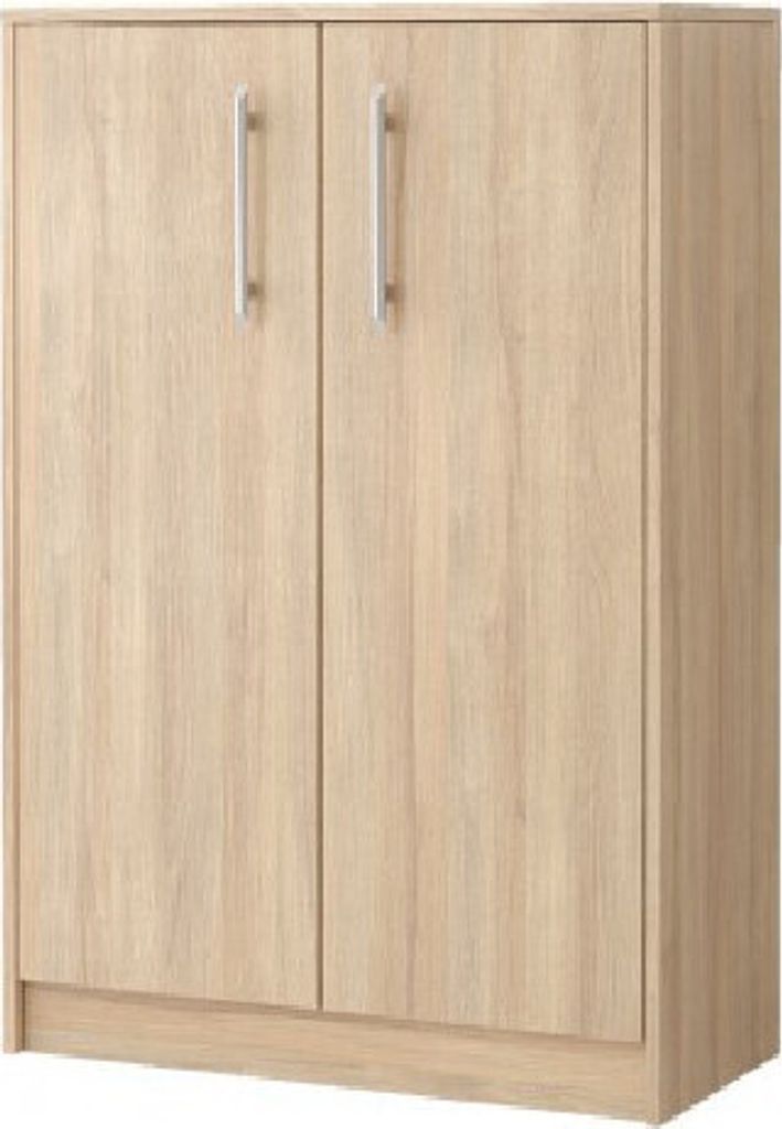 A light brown wooden shoe cabinet with two silver handles is shown against a white background.