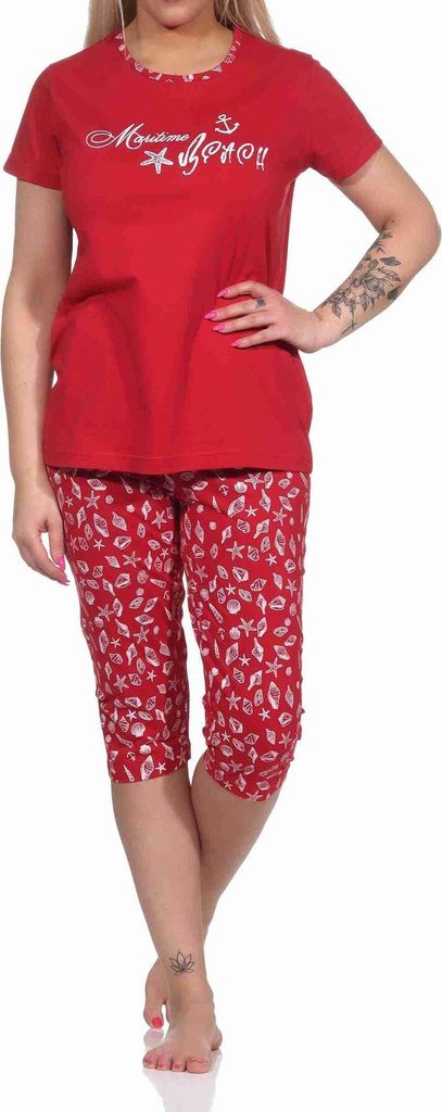 Damen Capri Schlafanzug kurzarm Pyjama im maritimen Look - 122 204 10 753 ; rot , 36