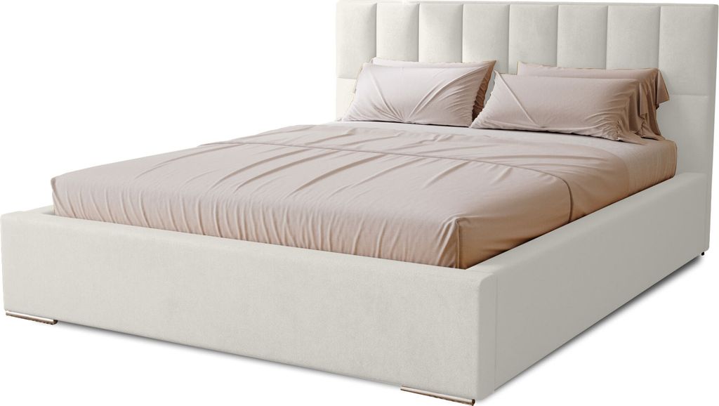 Polsterbett Dream 200x200 cm, Bett mit Kopfteil, Doppelbett mit Bettkasten, Lattenrost und Matratze aus Holz, Velourstoff: Weiß