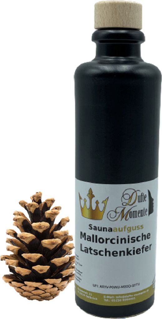 Dufte Momente | Saunaduft Konzentrat Latschenkiefer 200ml in schwarzer Steingutflasche mit Korkmündung | ätherische Öle | vegan, ohne Tierversuche