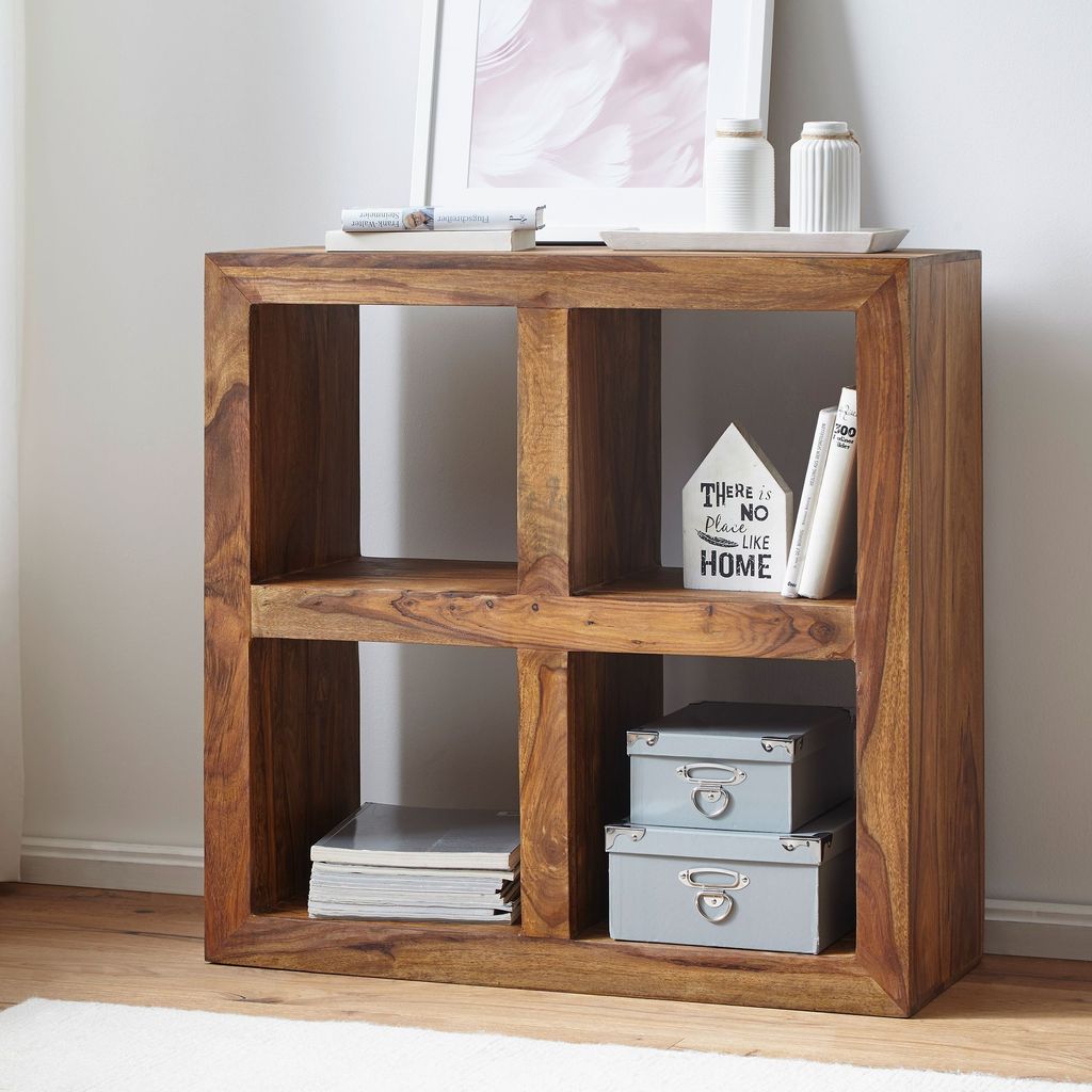 FineBuy Standregal Sheesham Massivholz 82 cm hoch 4 Böden Design Holzregal Naturprodukt Landhaus Beistelltisch