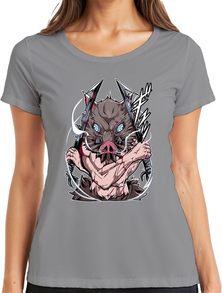 Anime Wildschwein Dämonenjäger Zweiklingen Manga Cosplay Damen T-Shirt, Grau, S